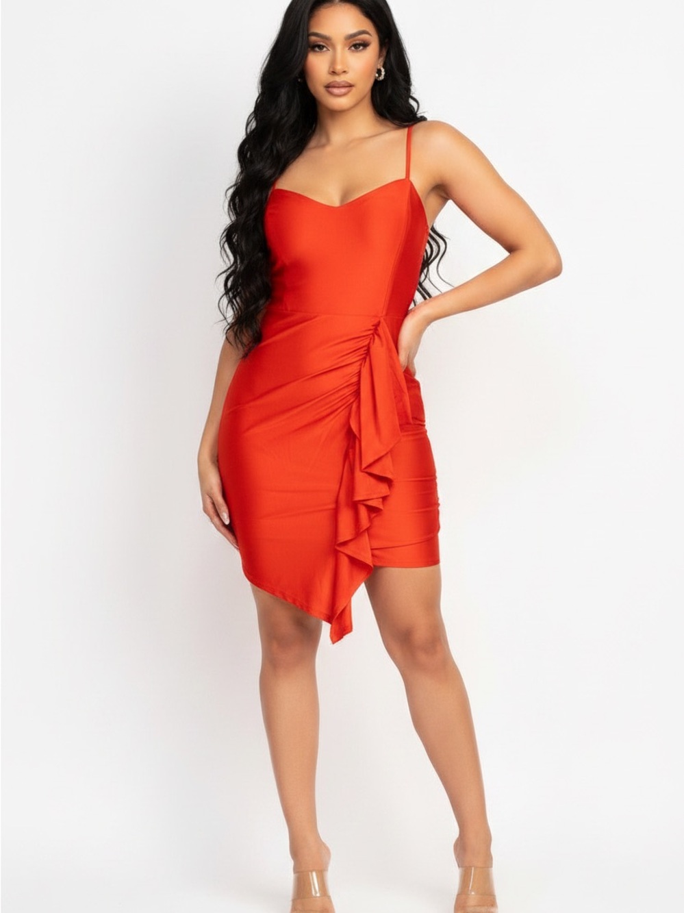 Red Spaghetti-Strap Ruffle Mini Dress